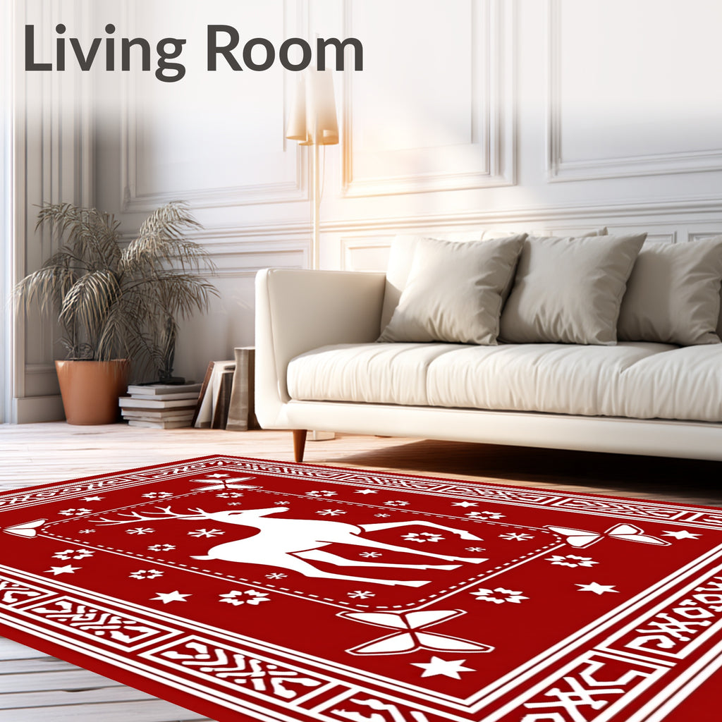 Crimson Deer Butterfly Snowflakes Tassel Border Rug