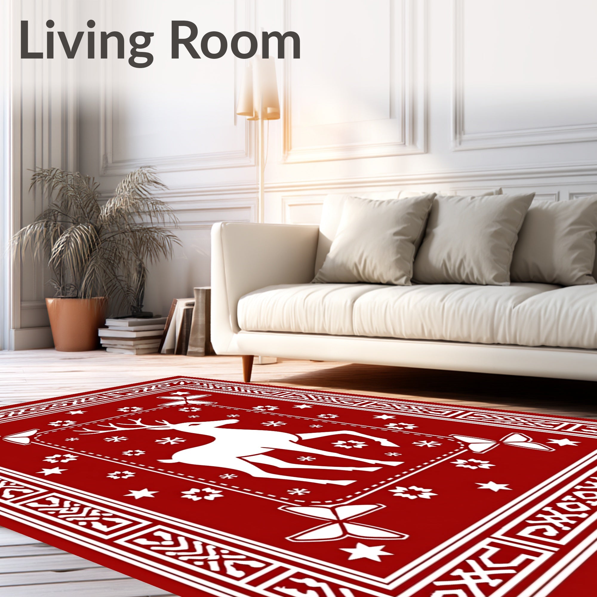 Crimson Deer Butterfly Snowflakes Tassel Border Rug