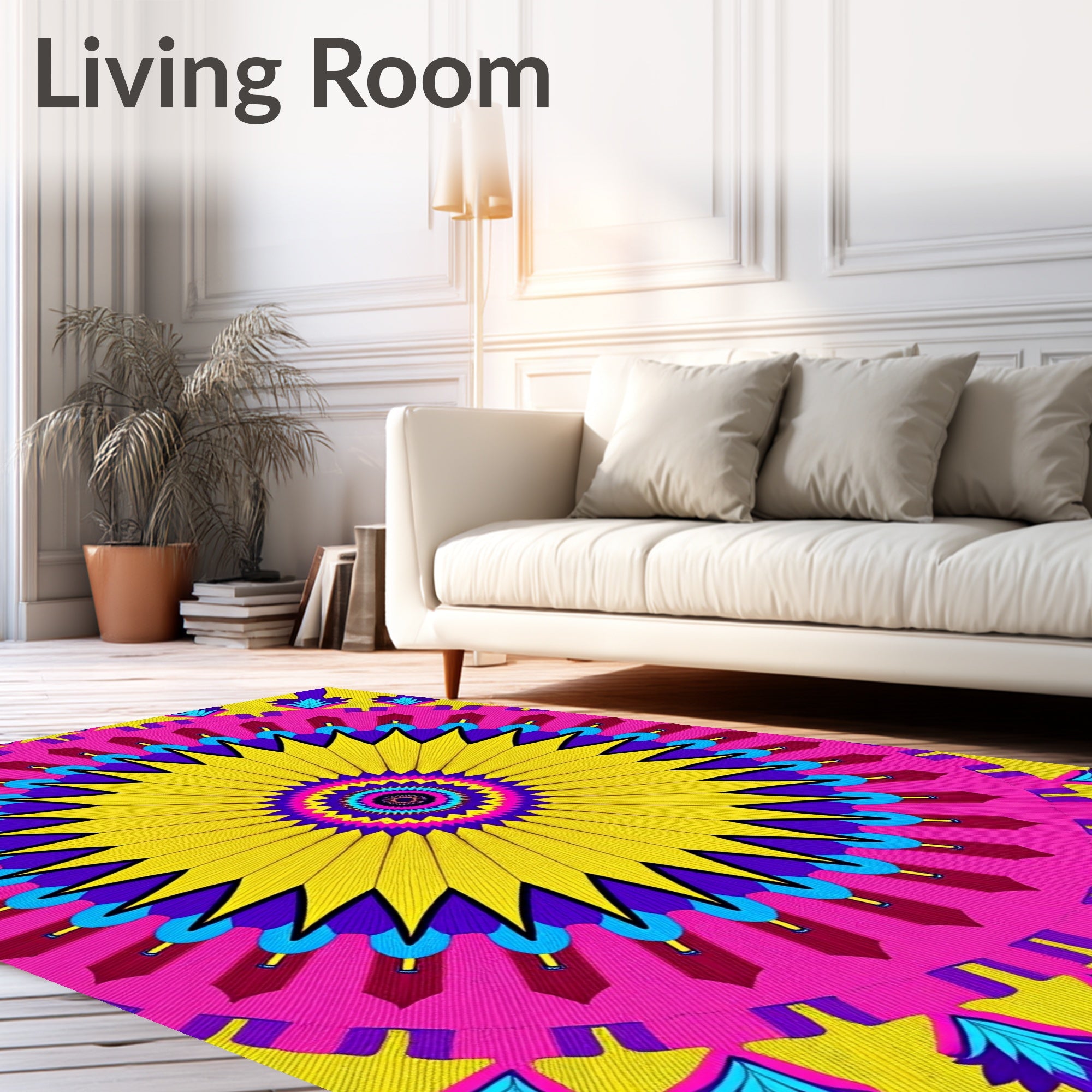 Vibrant Yellow Pink Geometric Sunburst Rug