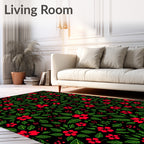 Red Floral Garden on Black Background Rug