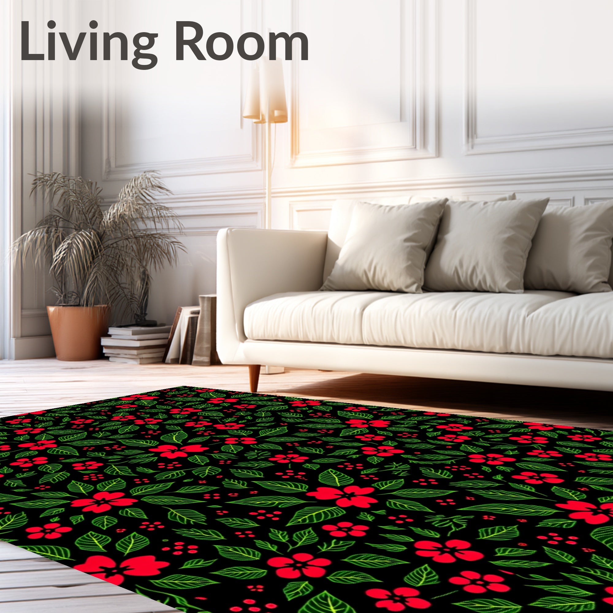 Red Floral Garden on Black Background Rug