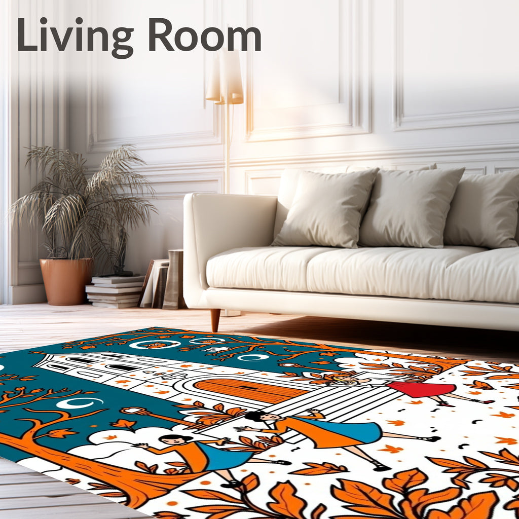 Autumn Church Owls And Dancing Children Rug