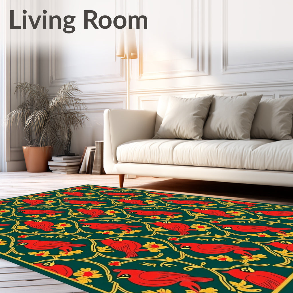 Crimson Red Cardinal Yellow Floral Vine Rug