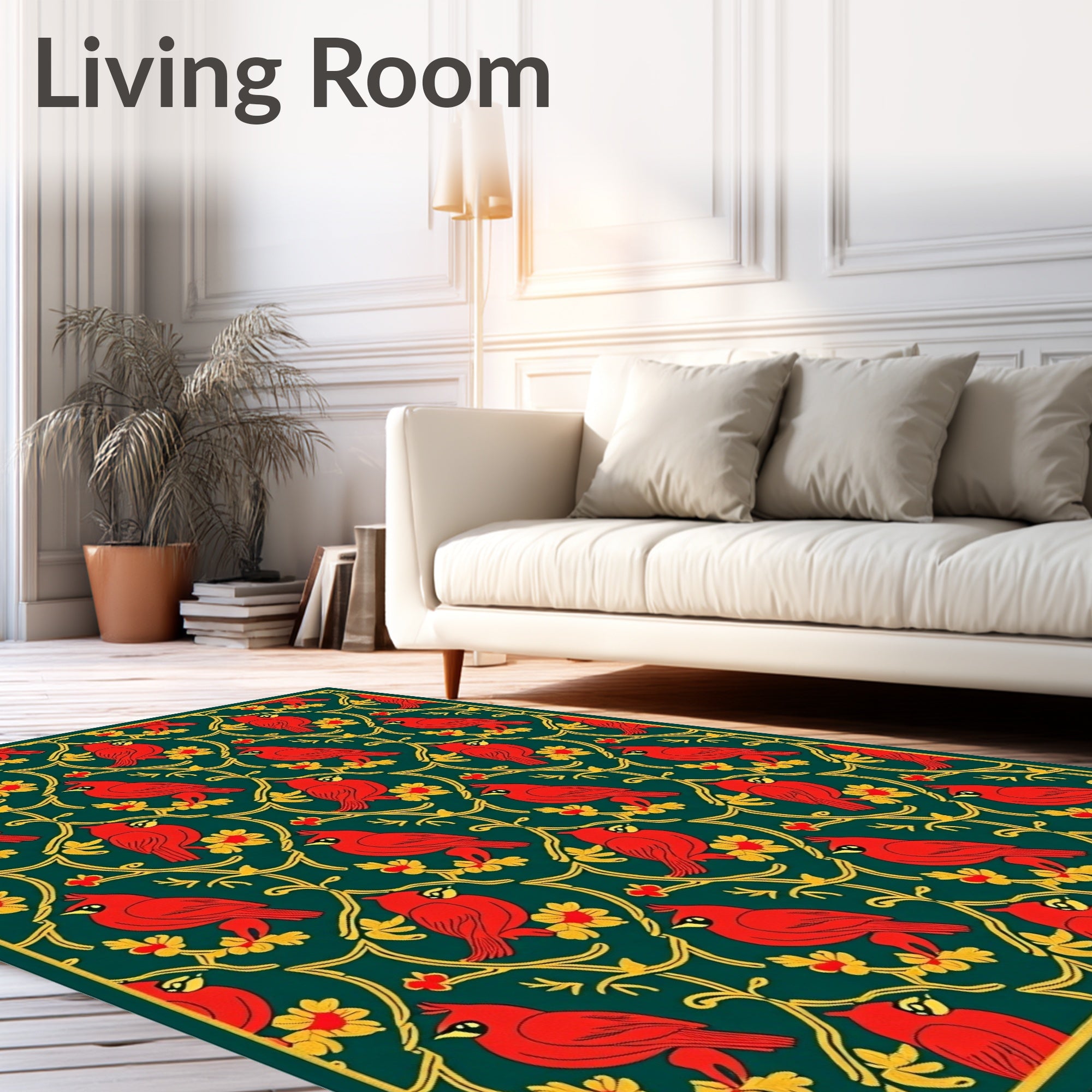 Crimson Red Cardinal Yellow Floral Vine Rug
