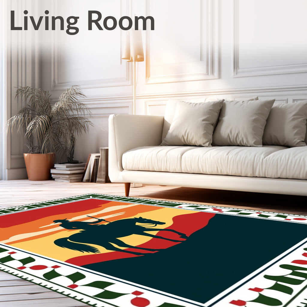 Rider Horse Sunset Landscape Border Rug