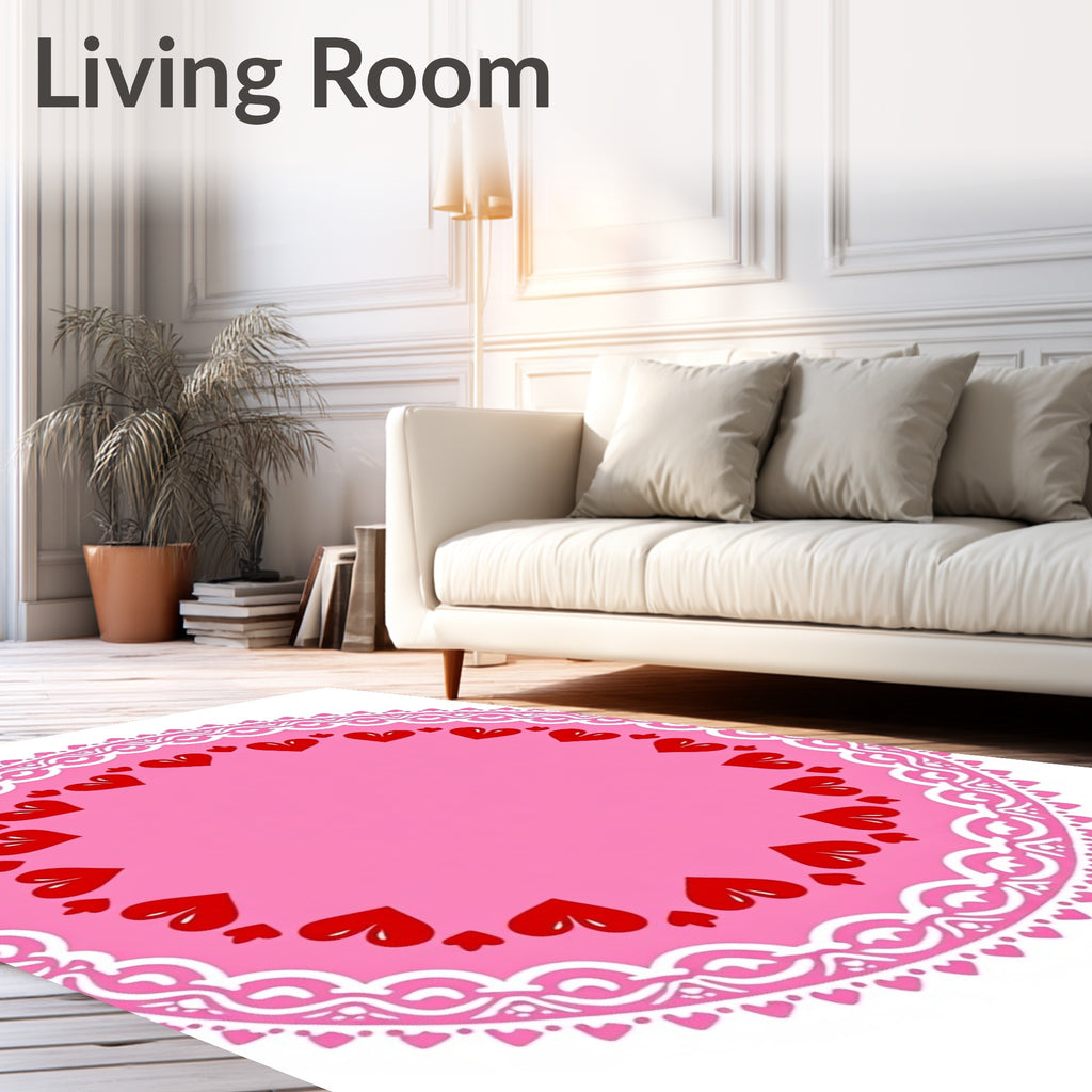 Pink Red Heart Lace Round Rug