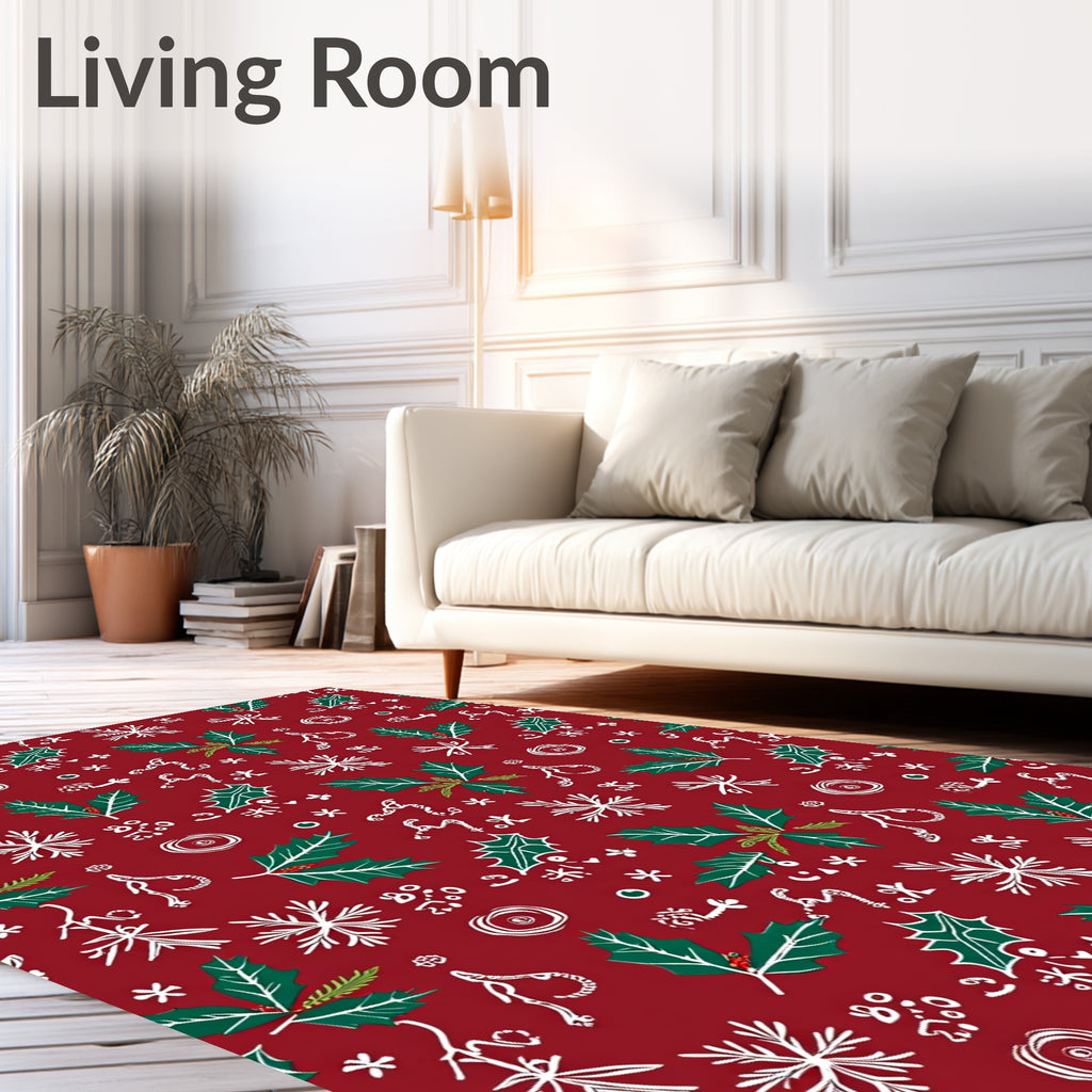 Red Holly Snowflake Whimsical Garlands Rug