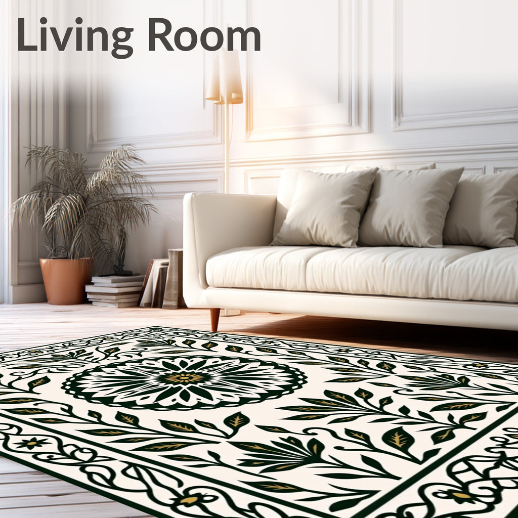 Dark Emerald Floral Medallion Frame Rug