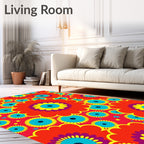 Retro Red Blue Yellow Floral Burst Rug