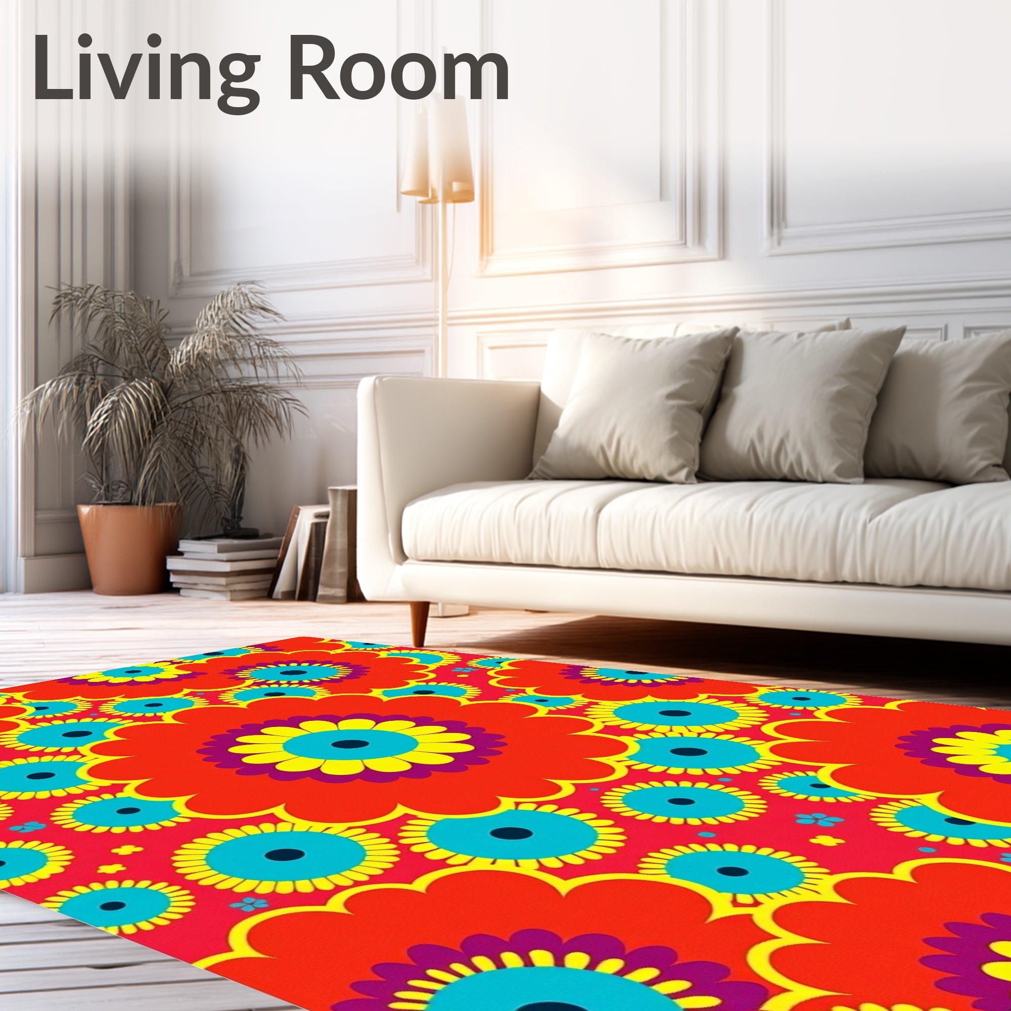 Retro Red Blue Yellow Floral Burst Rug