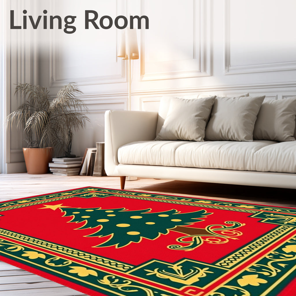 Festive Red Christmas Tree Border Rug