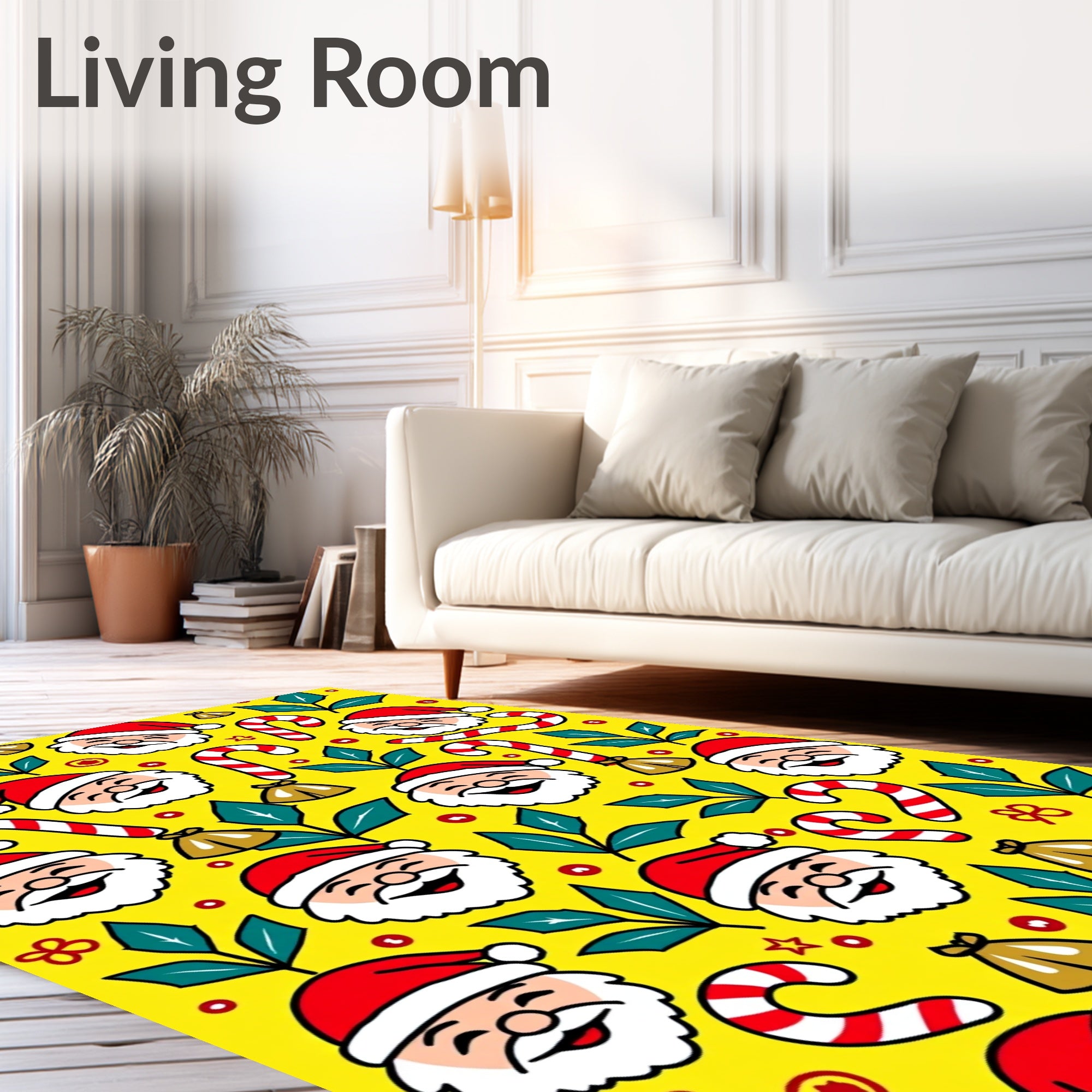 Whimsical Yellow Santa Candy Cane Christmas Rug