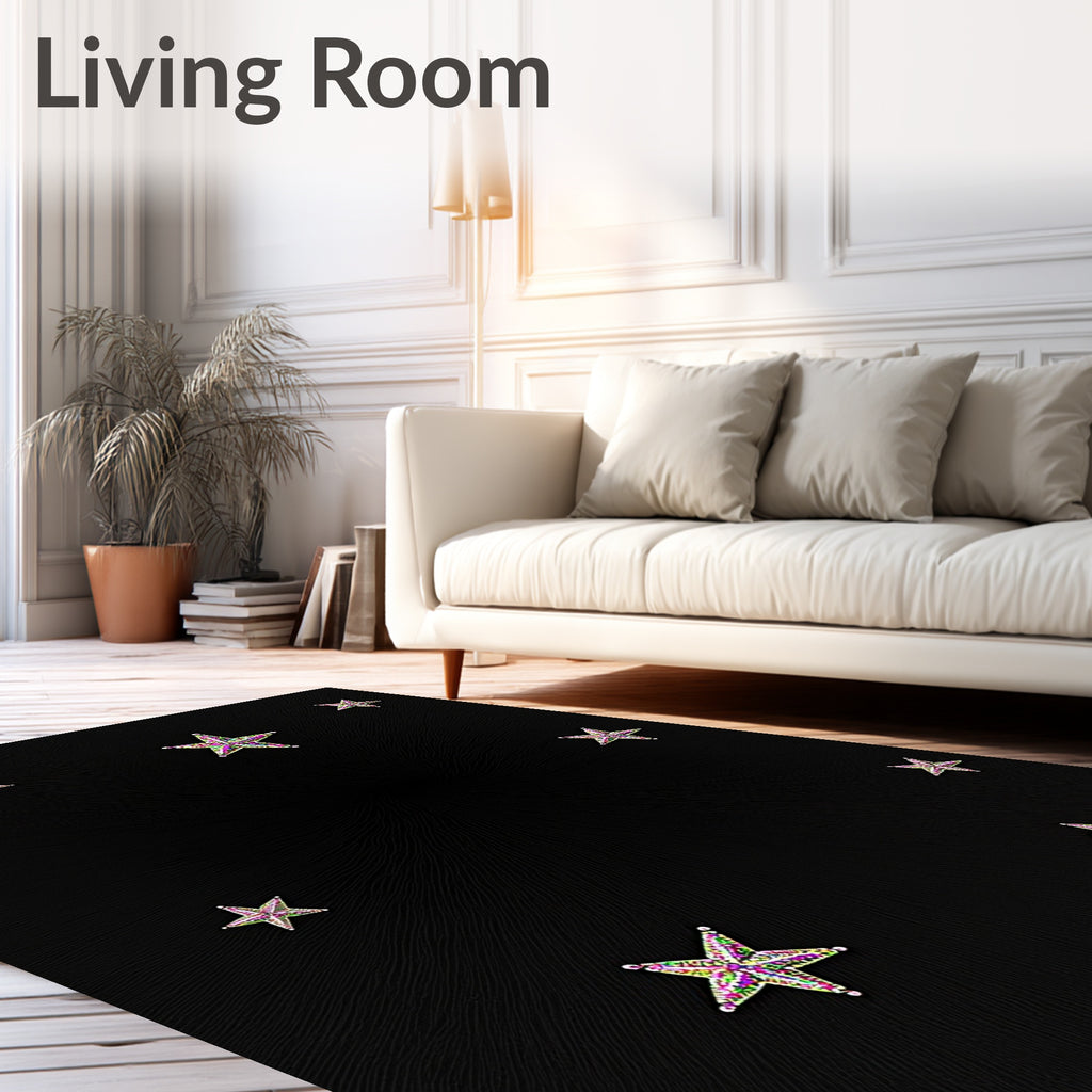 Sparkling Multicolor Star Scatter Across Black Rug