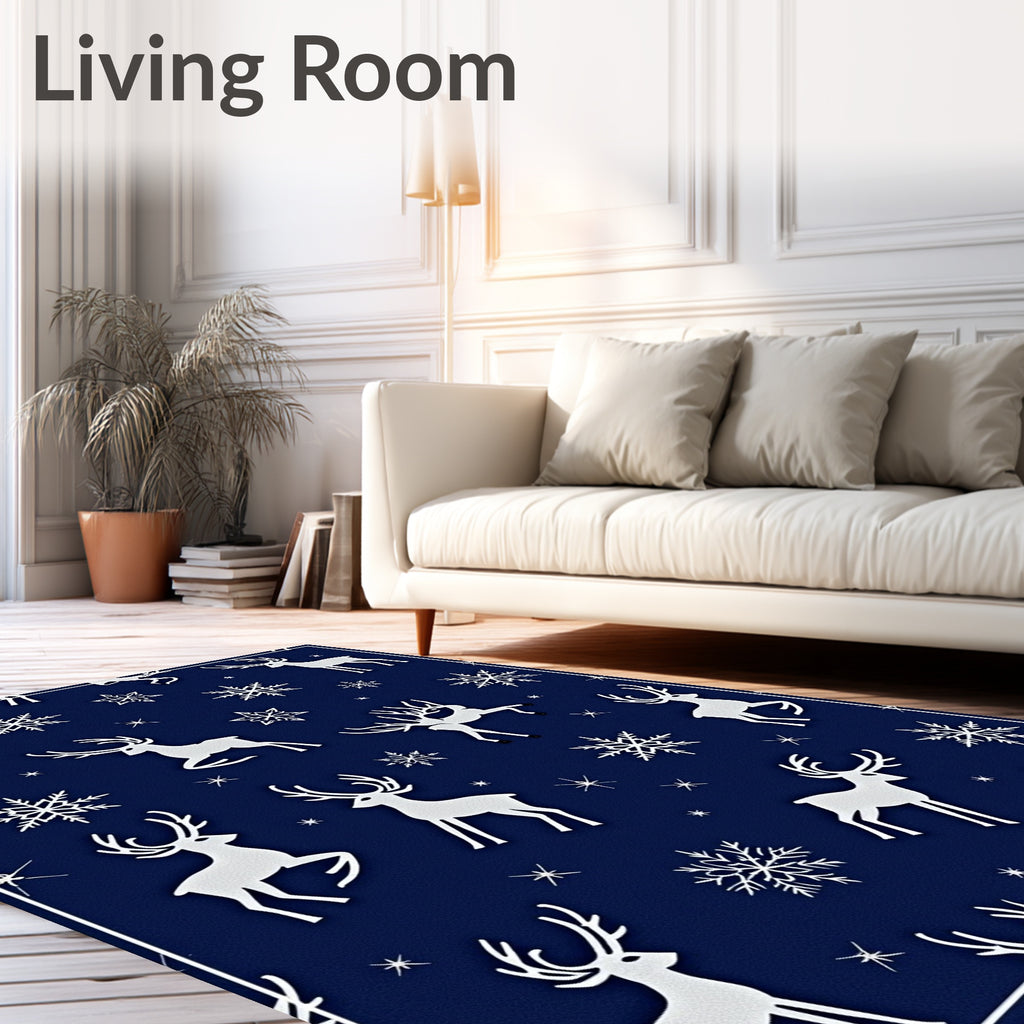 White Reindeer Snowflakes Navy Background Rug