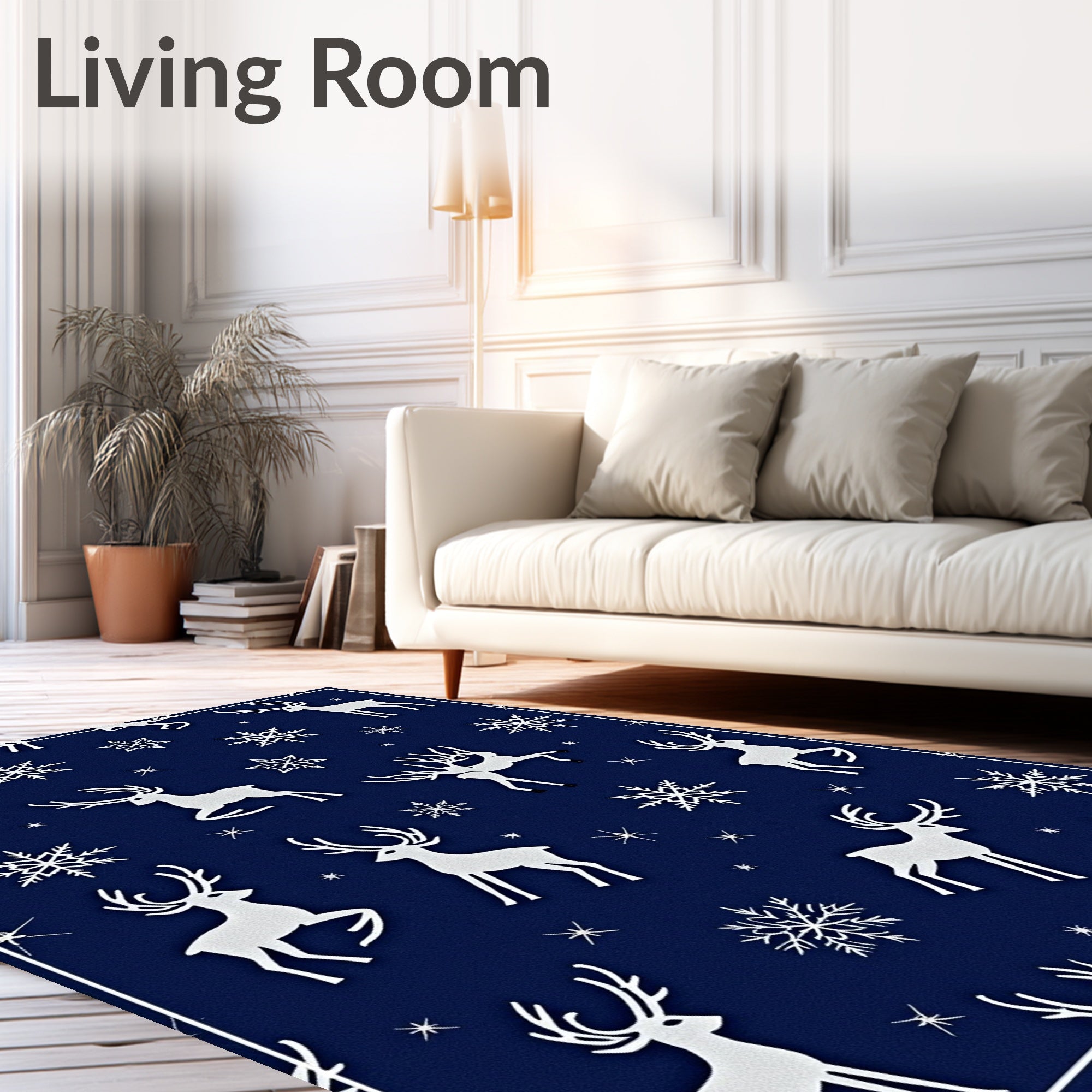 White Reindeer Snowflakes Navy Background Rug