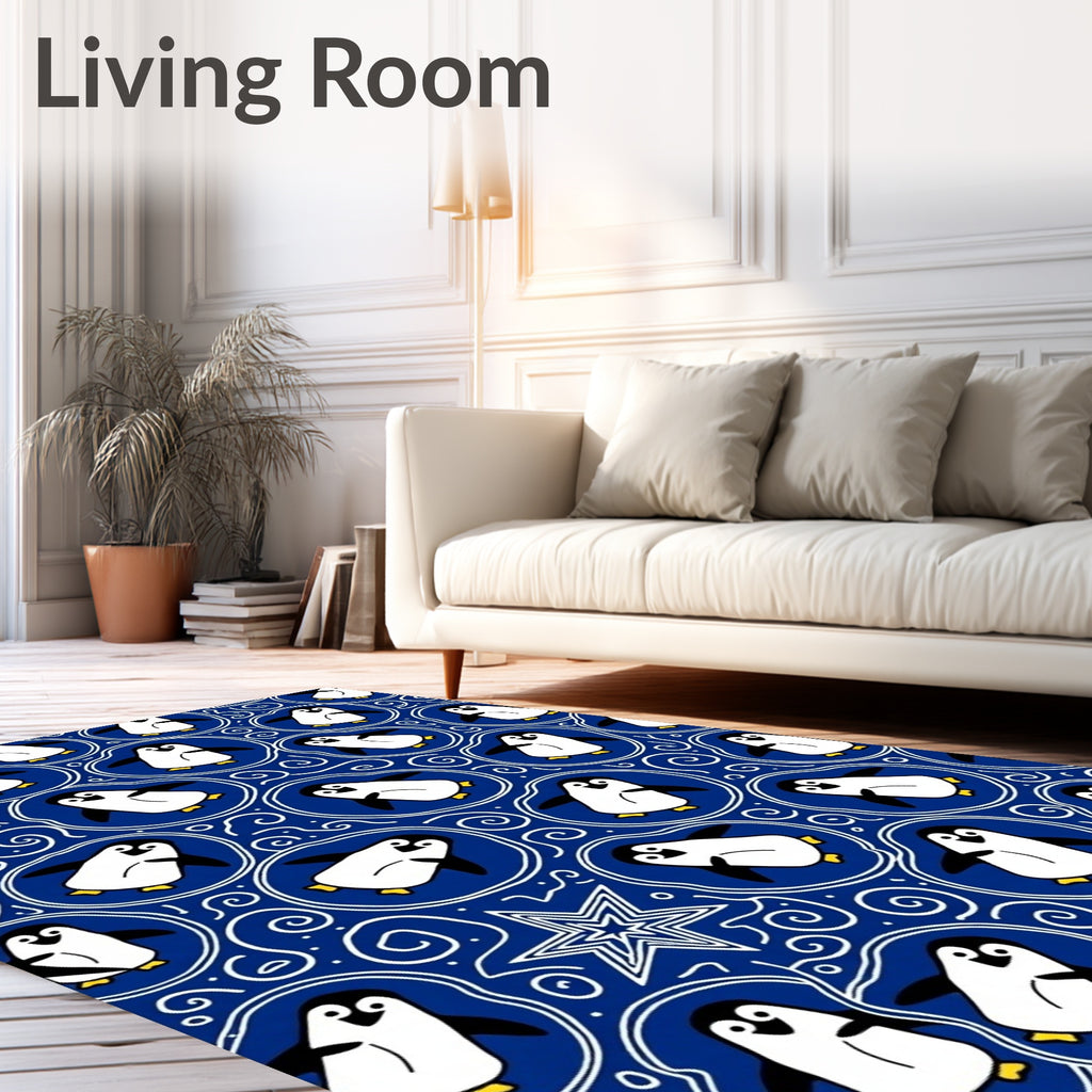 Whimsical Blue Penguin MedallionSwirl Rug