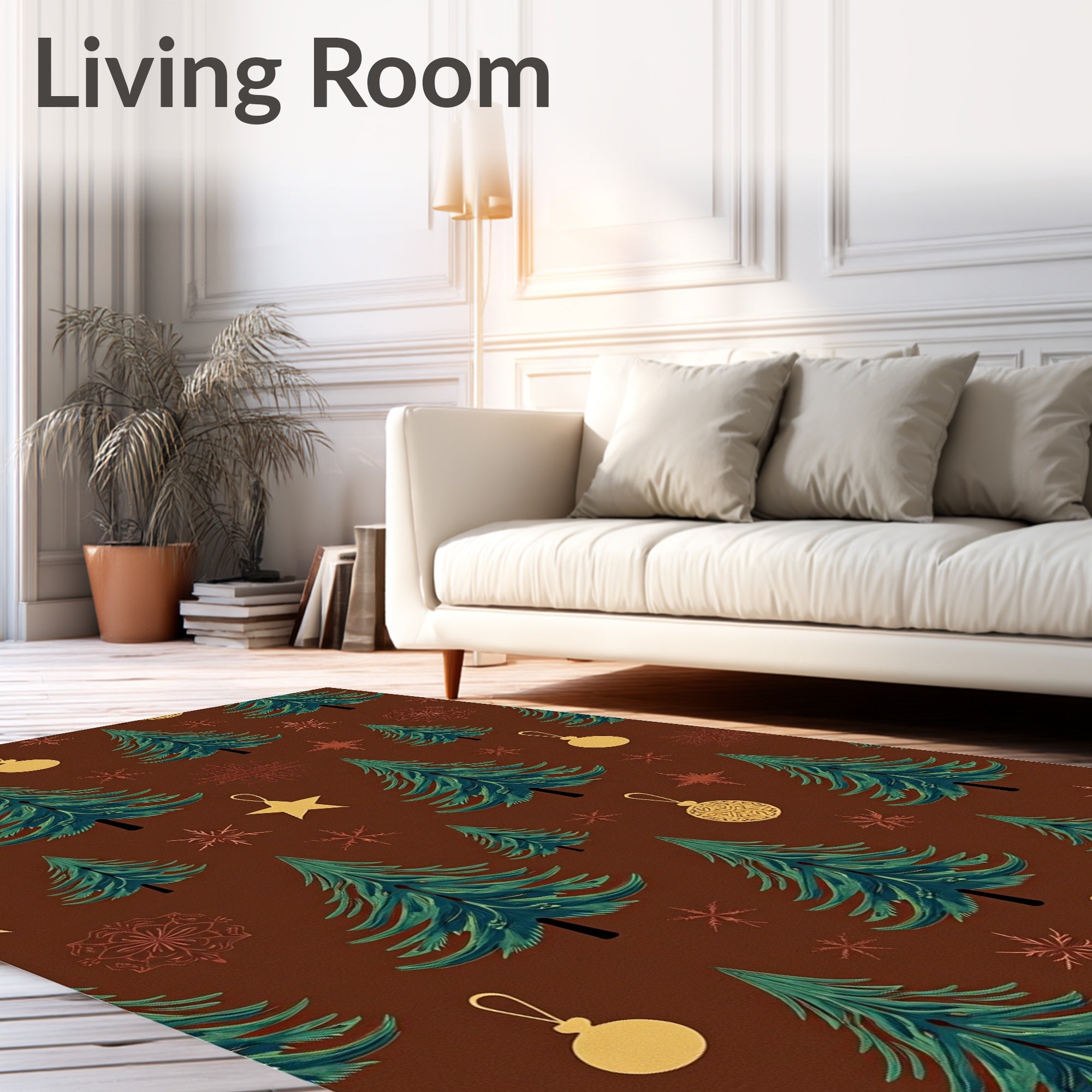 Festive Christmas Trees Ornaments and Snowflakes Rug