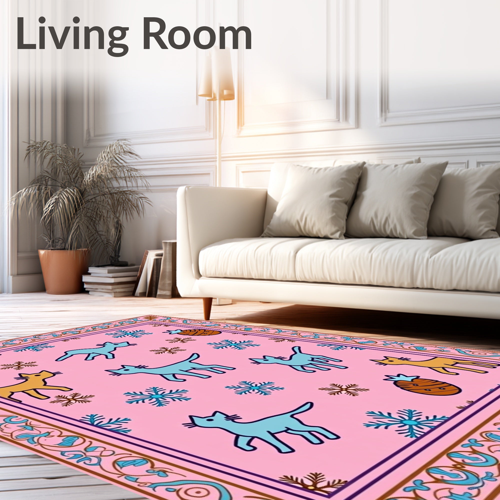 Pink Whimsical Cat Snowflake Pineapple Rug