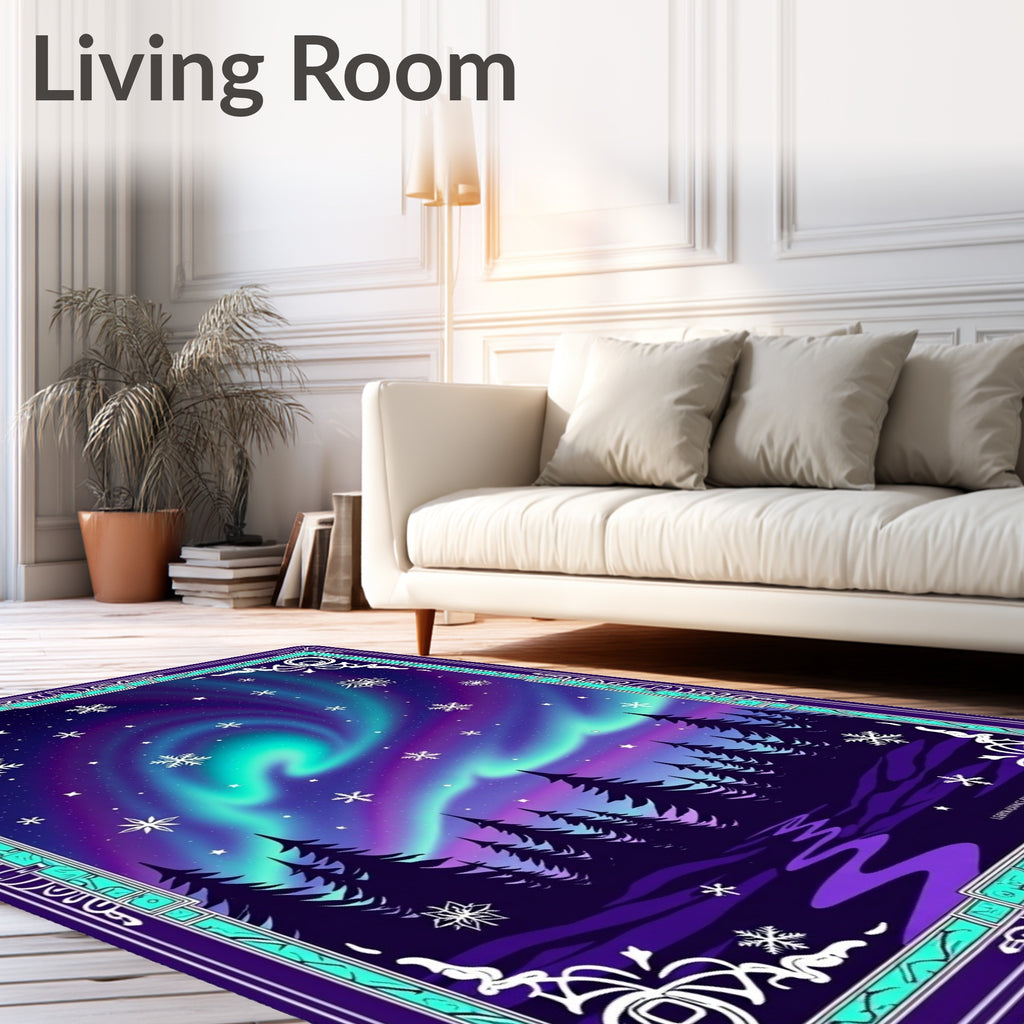 Northern Lights Forest Snowflake Sky Rug