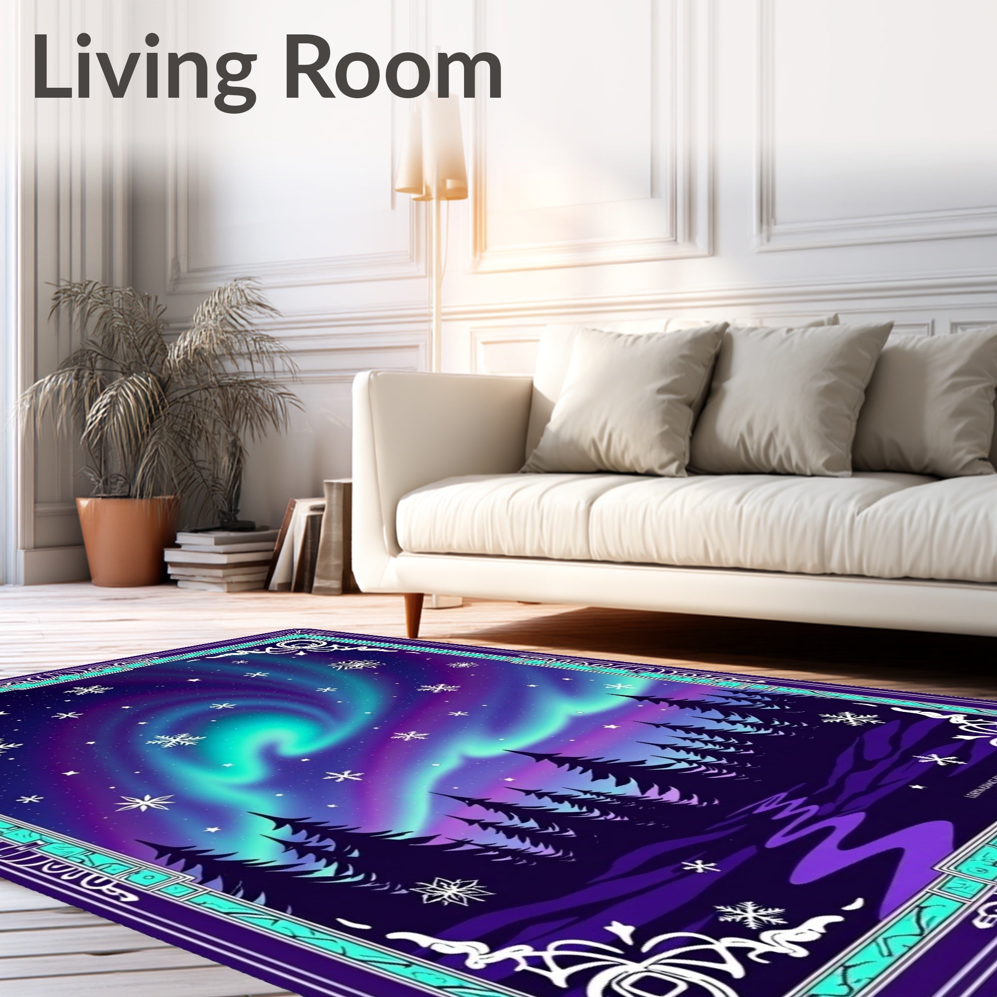 Northern Lights Forest Snowflake Sky Rug