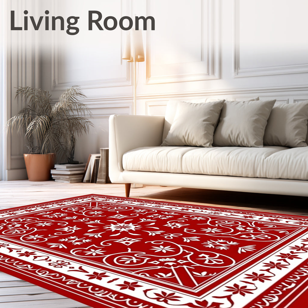 Crimson Red White Floral Medallion Rug