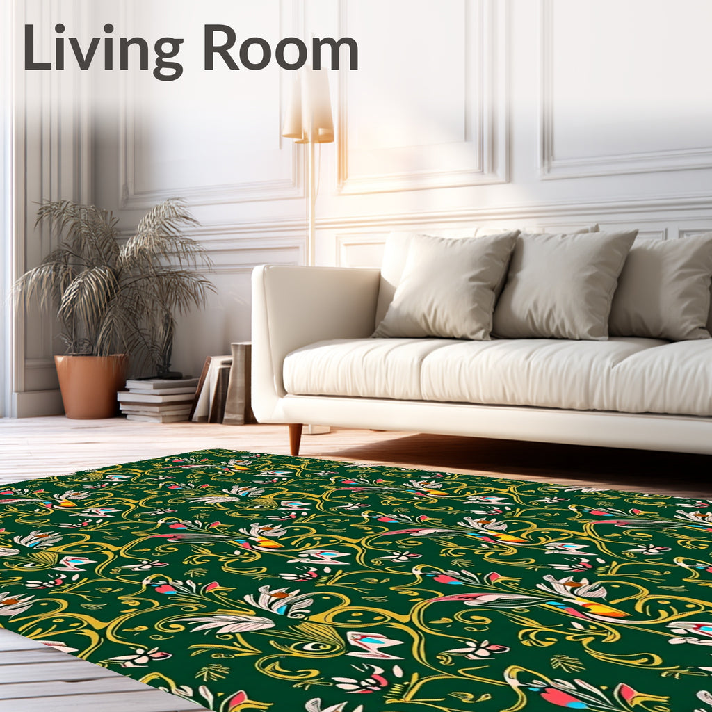 Emerald Green Tropical Bird Floral Swirls Rug