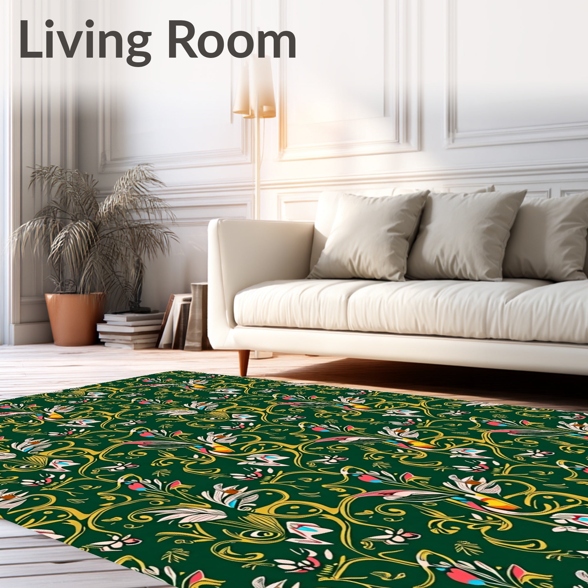 Emerald Green Tropical Bird Floral Swirls Rug
