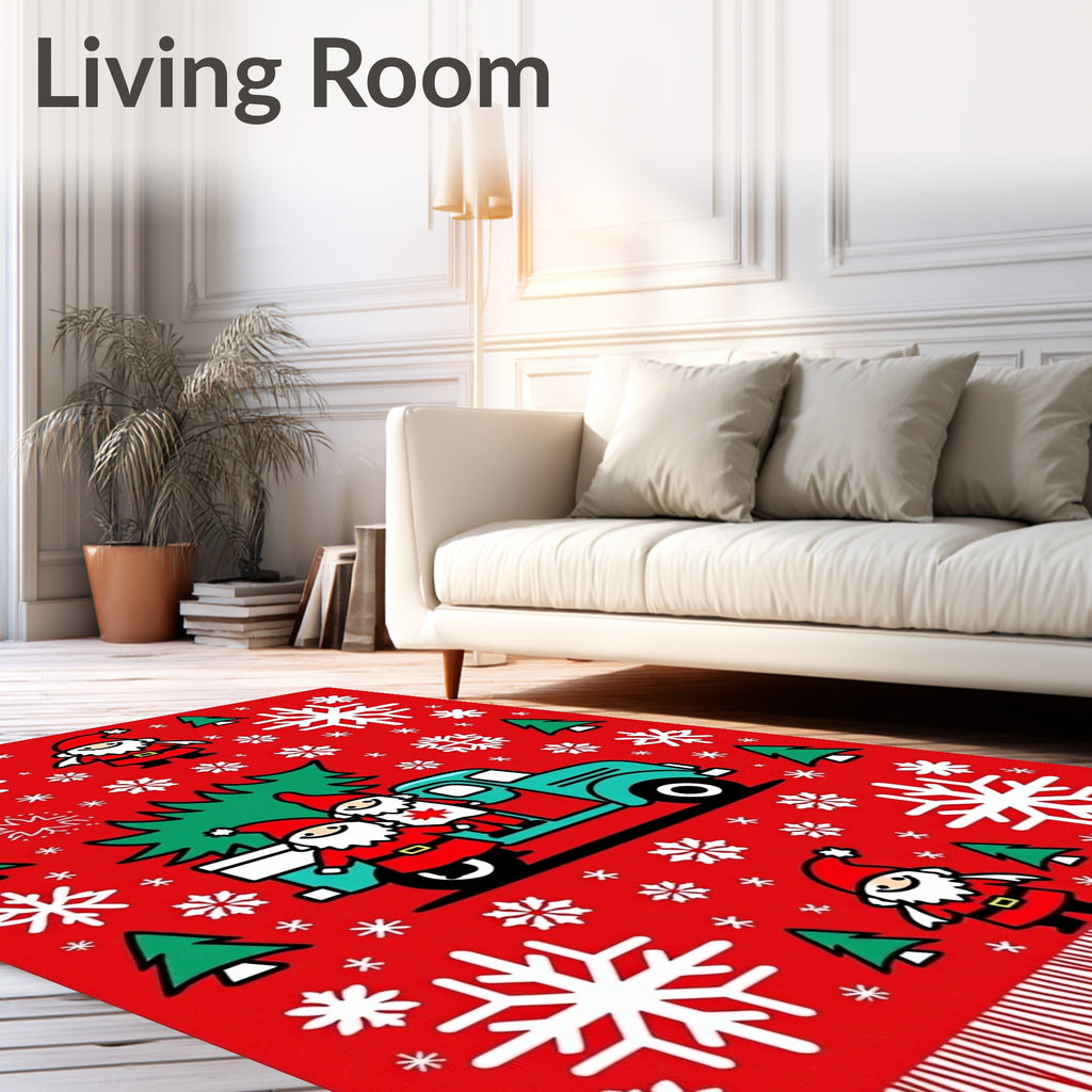 Red Gnomes Truck Christmas Trees Snowflakes Rug