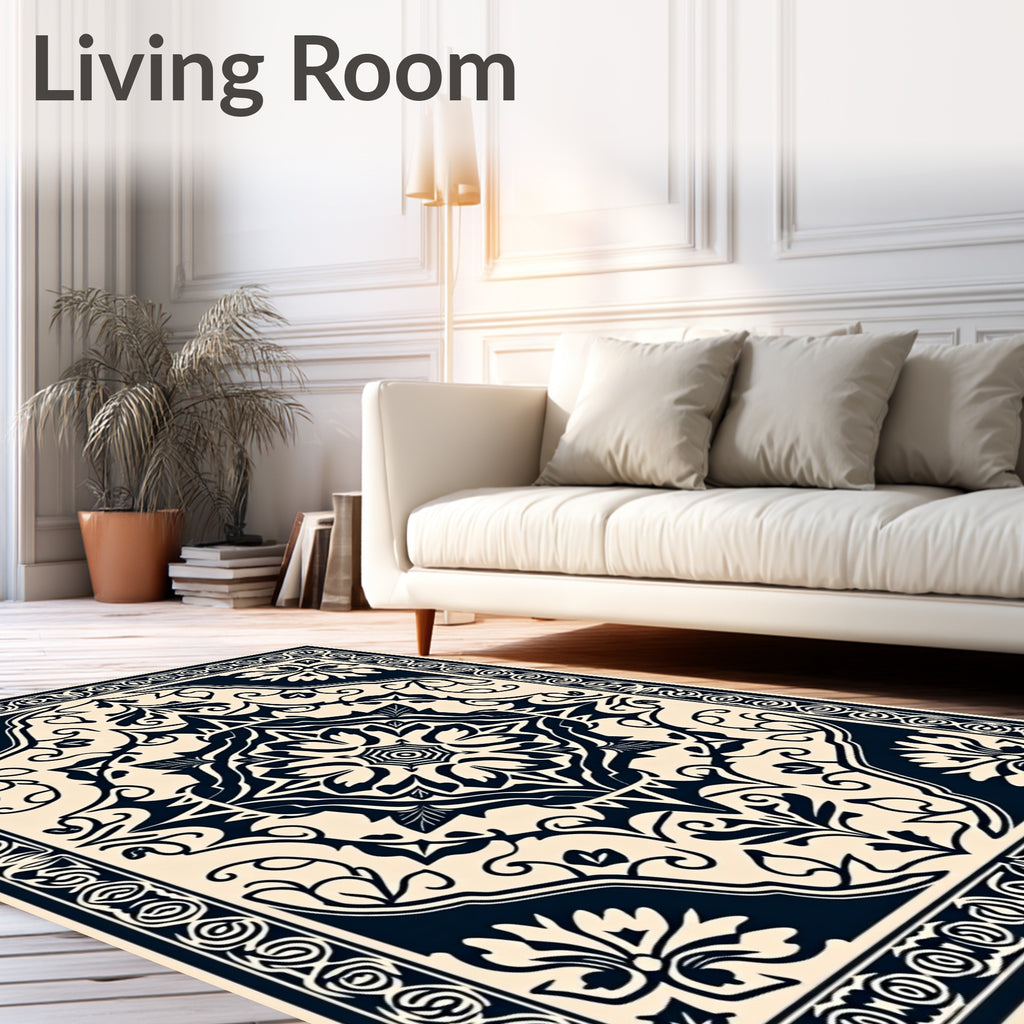 Ornate Cream Navy Floral Medallion Rug
