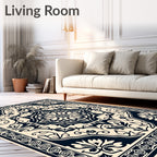 Ornate Cream Navy Floral Medallion Rug