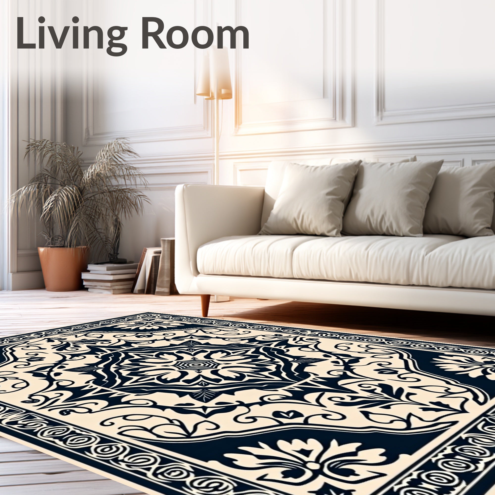 Ornate Cream Navy Floral Medallion Rug