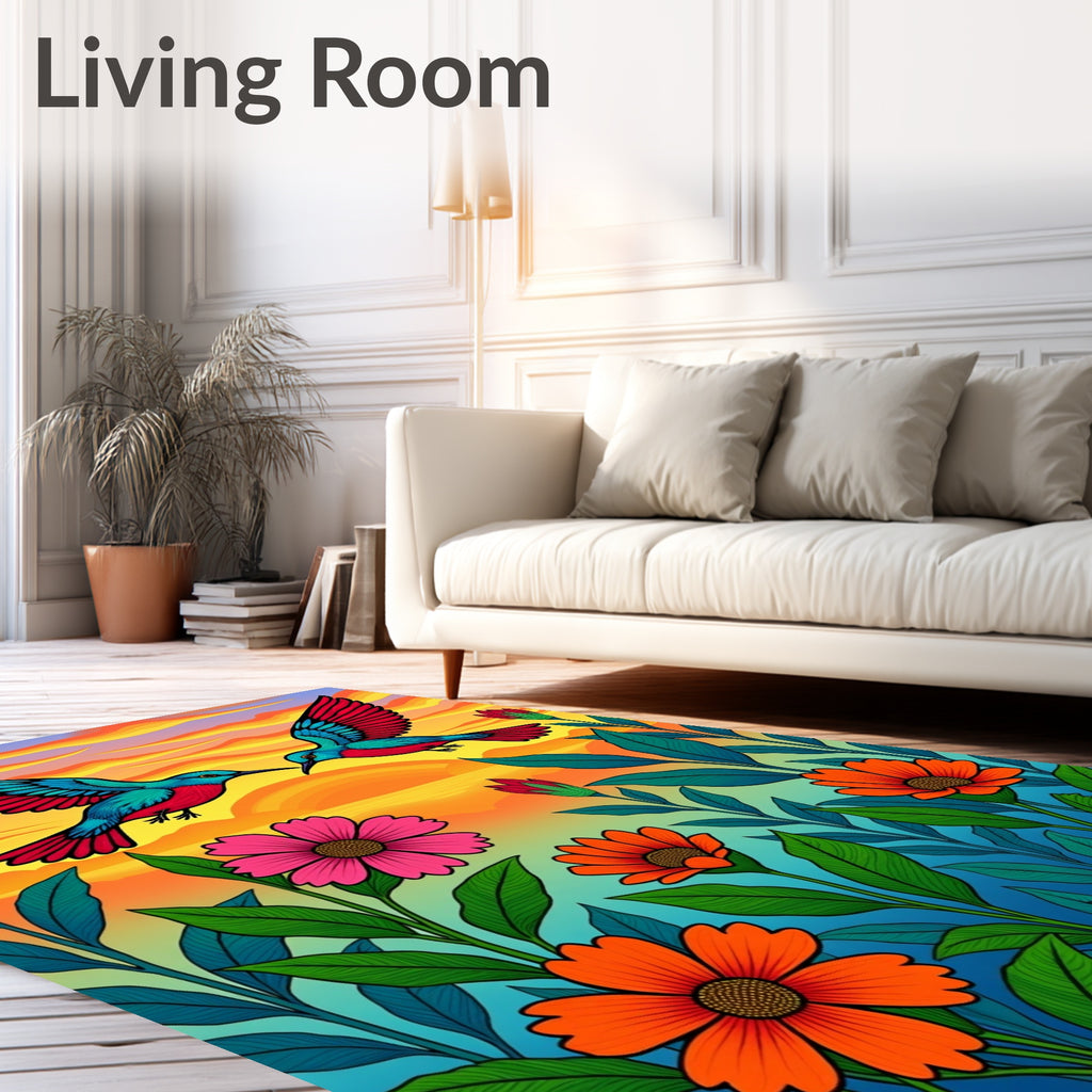 Two Hummingbirds Amongst Colorful Blooms Rug
