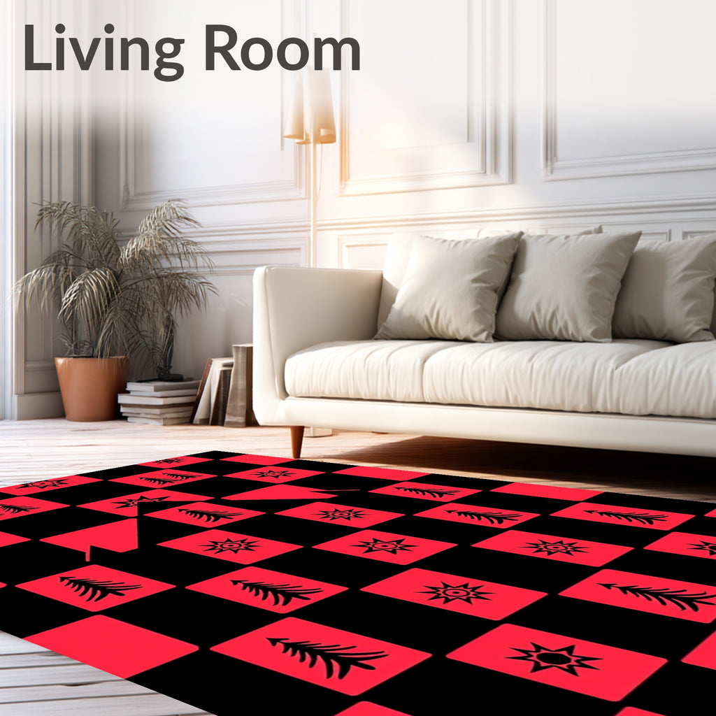 Red Black Woodland Star Trees Rug