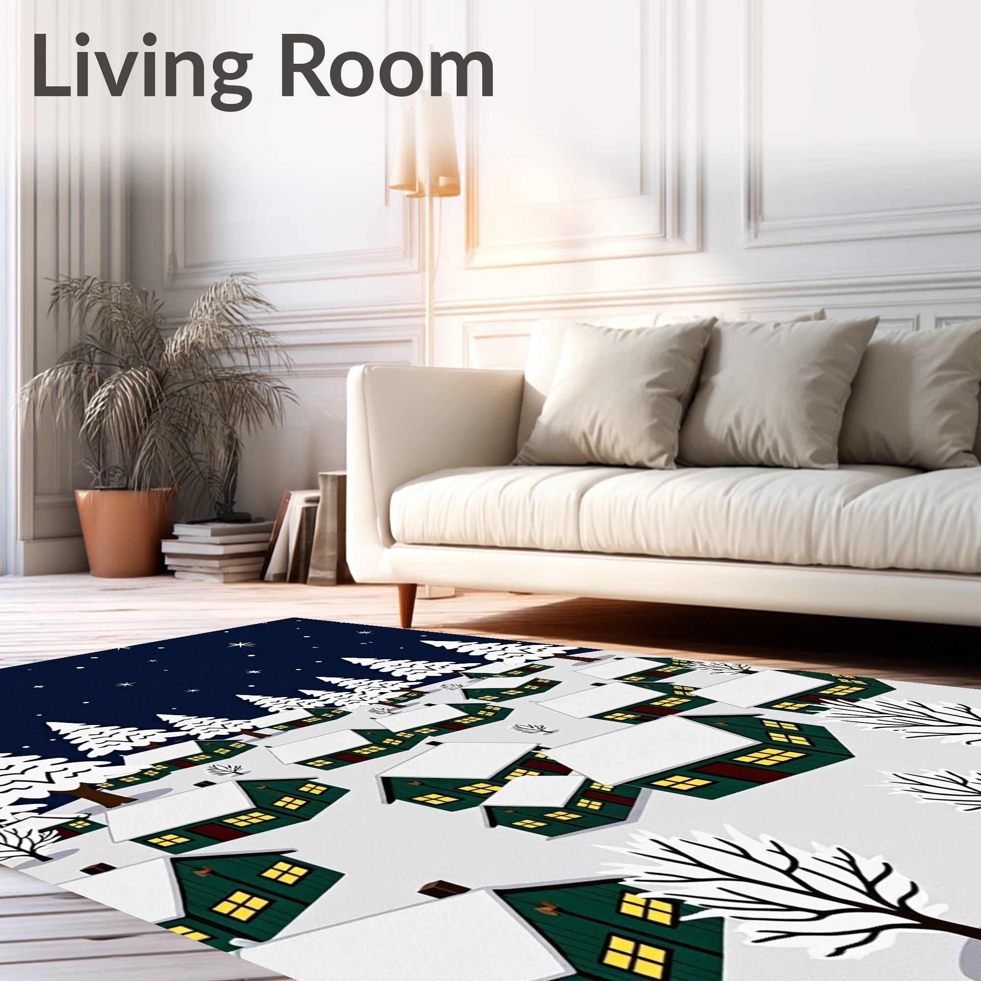 Winter Village Snowy Night Illustration Rug