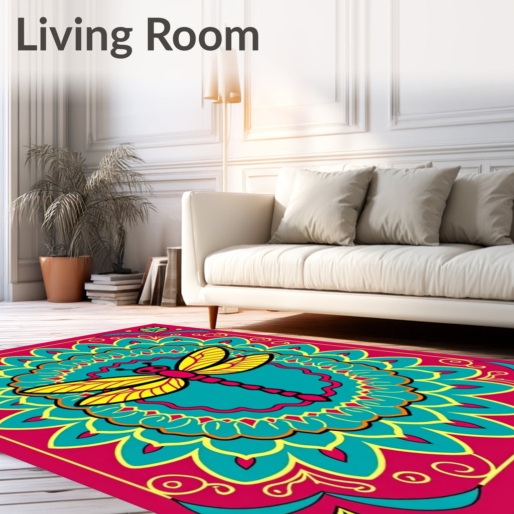 Vibrant Dragonfly Mandala Teal Pink Yellow Rug
