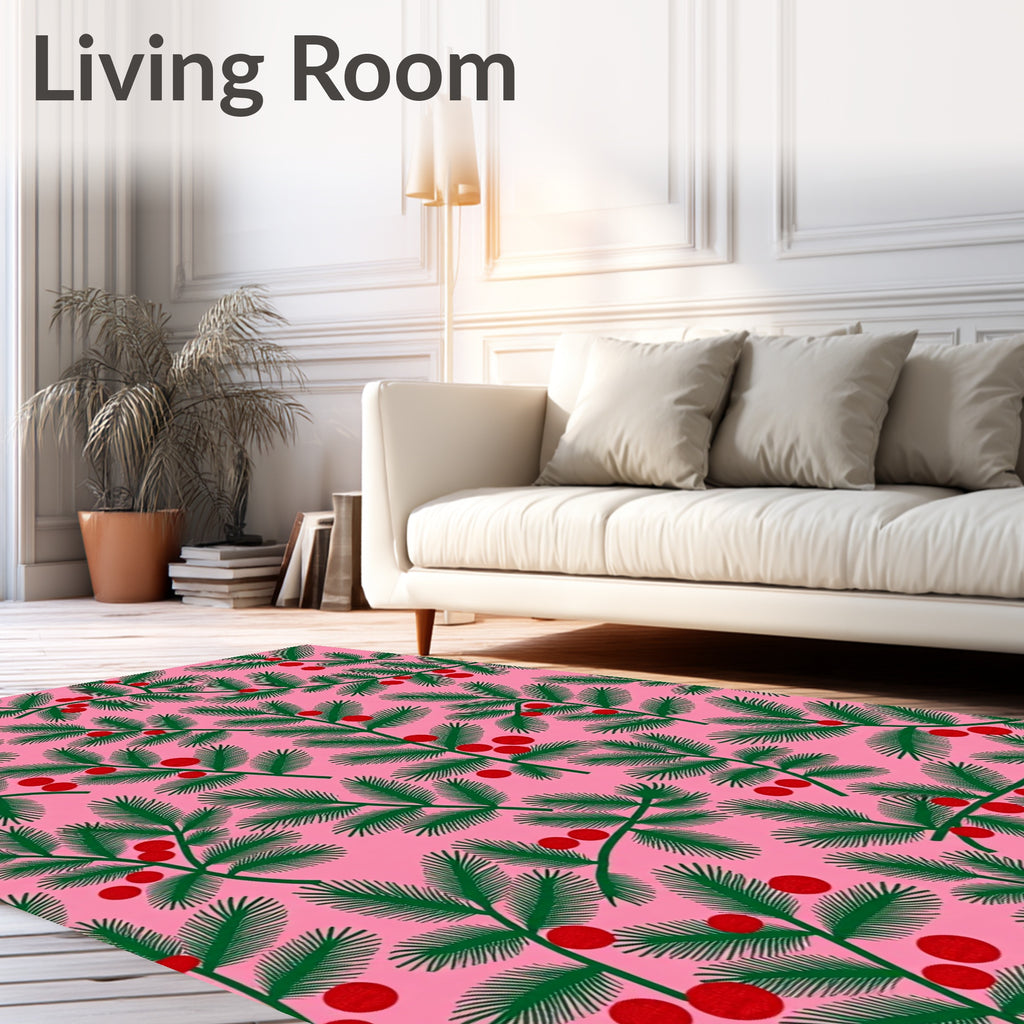 Pink Green Berry Pine Branch Rug