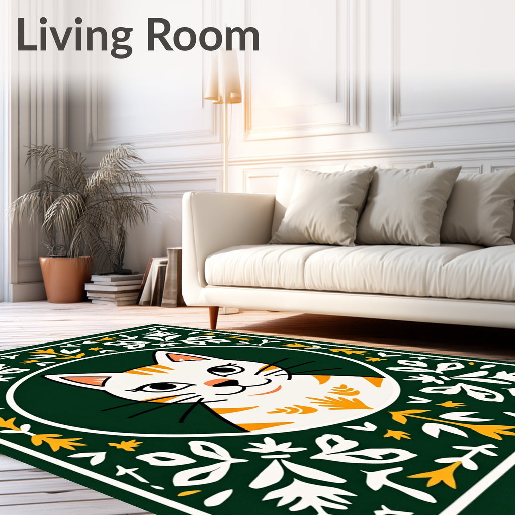 Whimsical White Cat Folk Art Rug