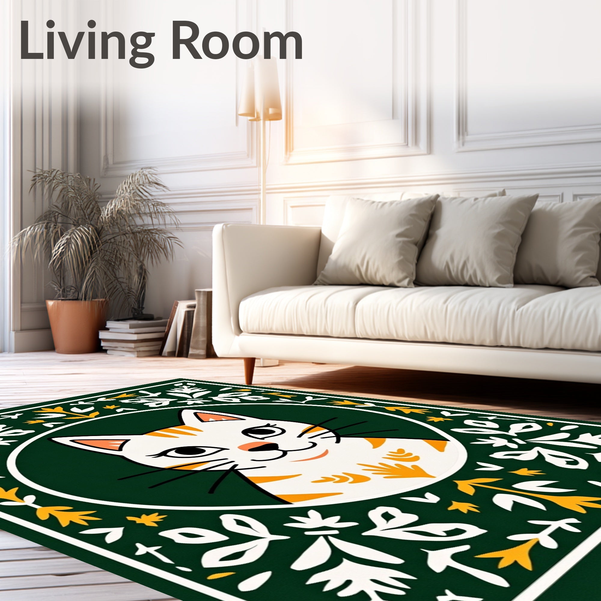 Whimsical White Cat Folk Art Rug
