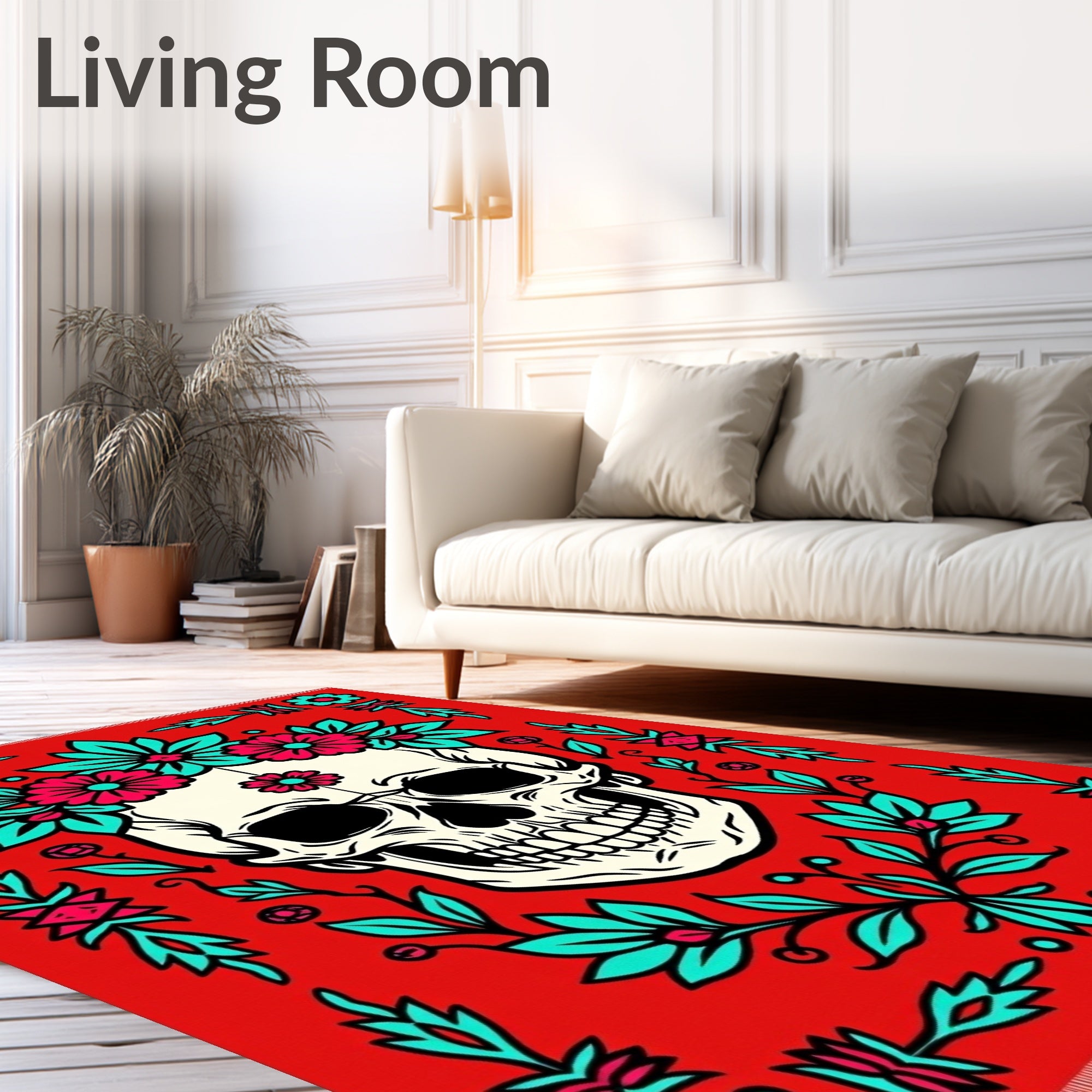 Fiery Red Floral Skull Garland Rug
