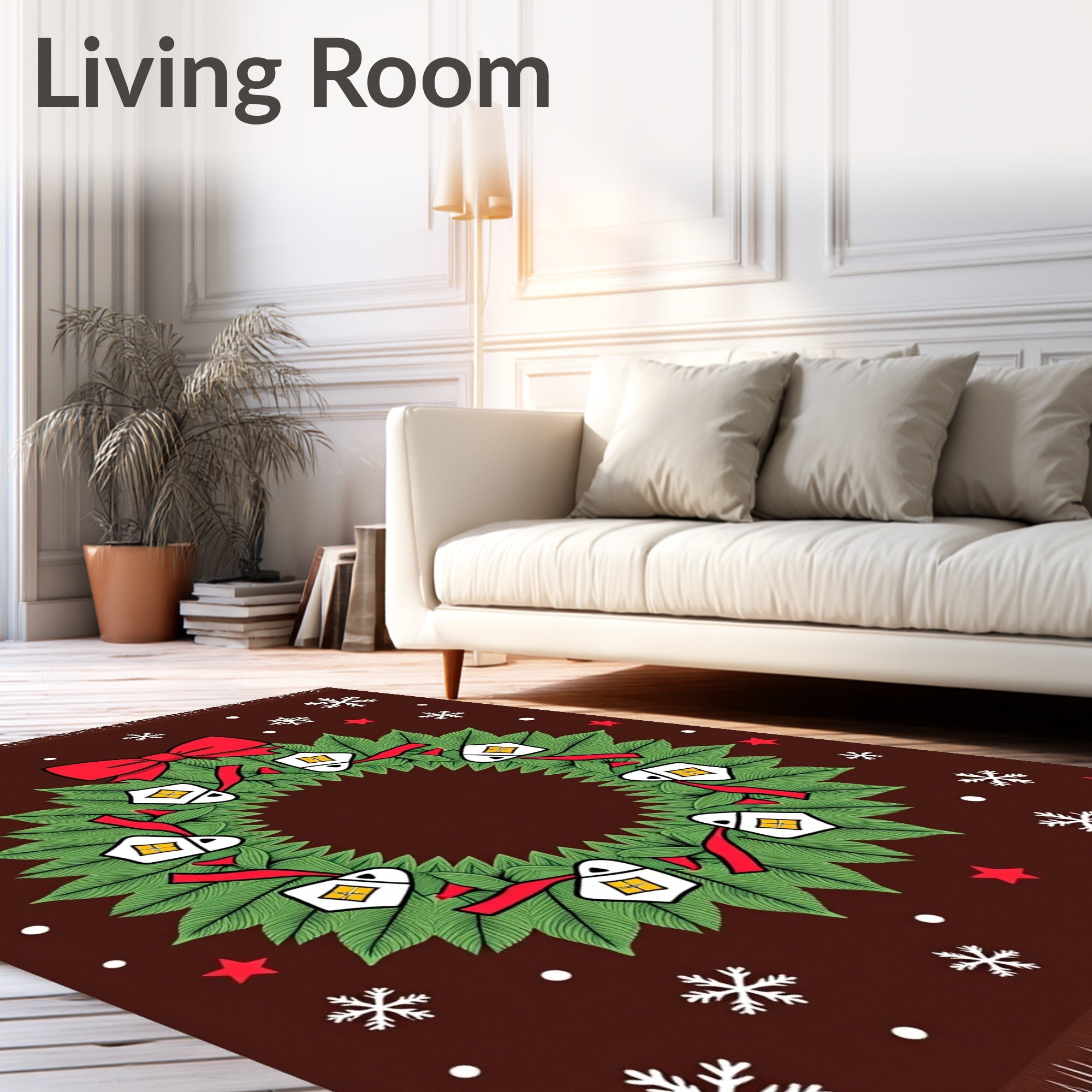 Festive Wreath Houses Red Bow Snowflakes Rug