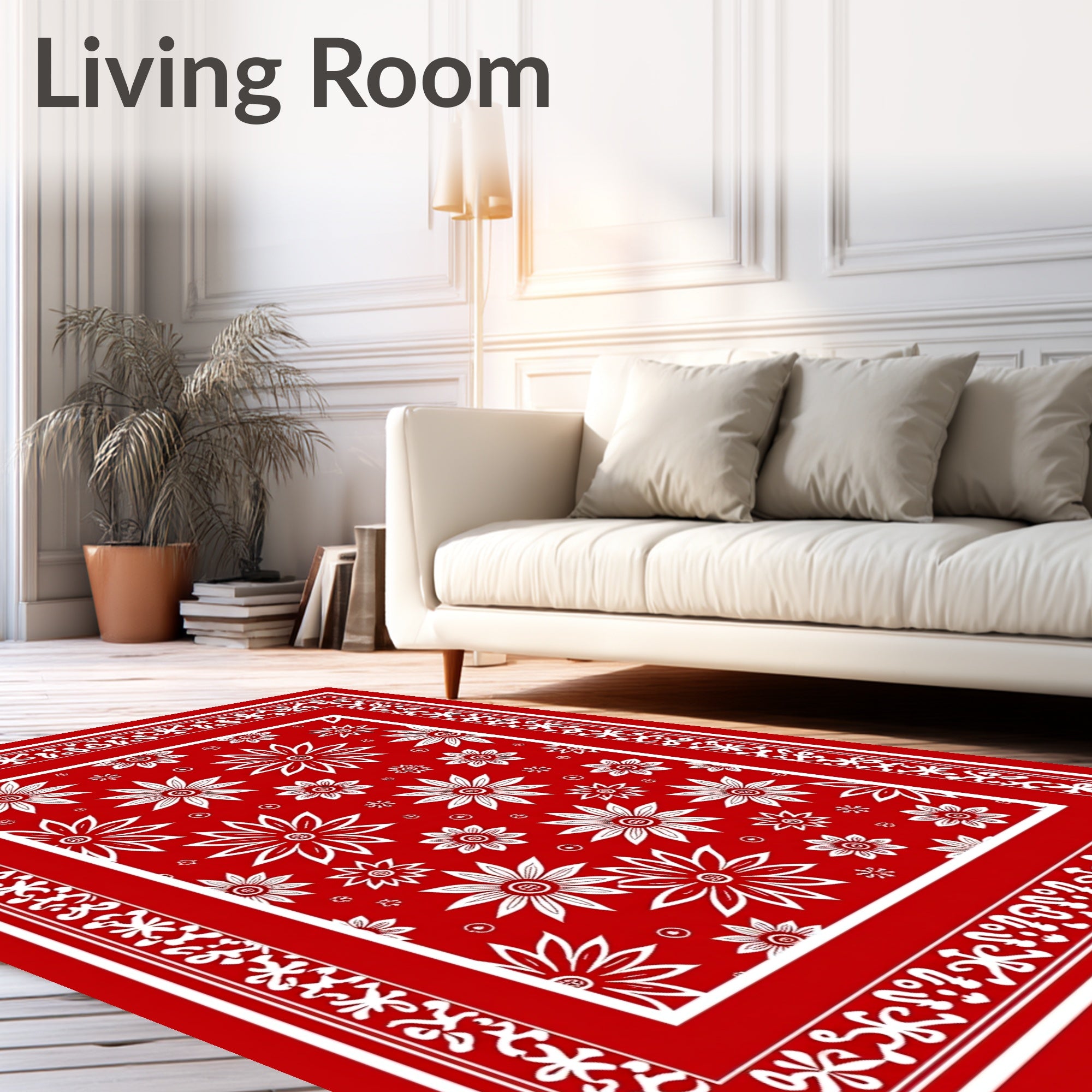 Red White Floral Medallion Border Rug