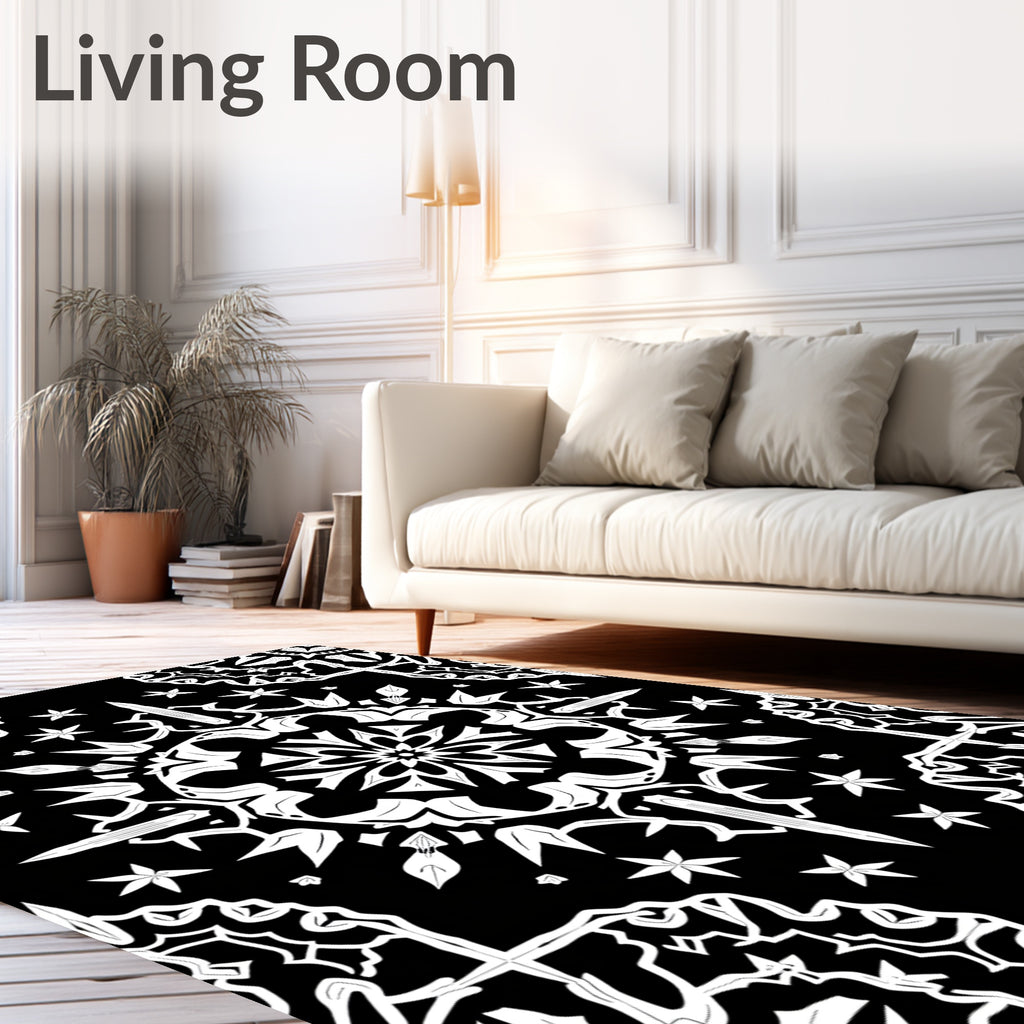 Black White Intricate Mandala Symmetry Rug
