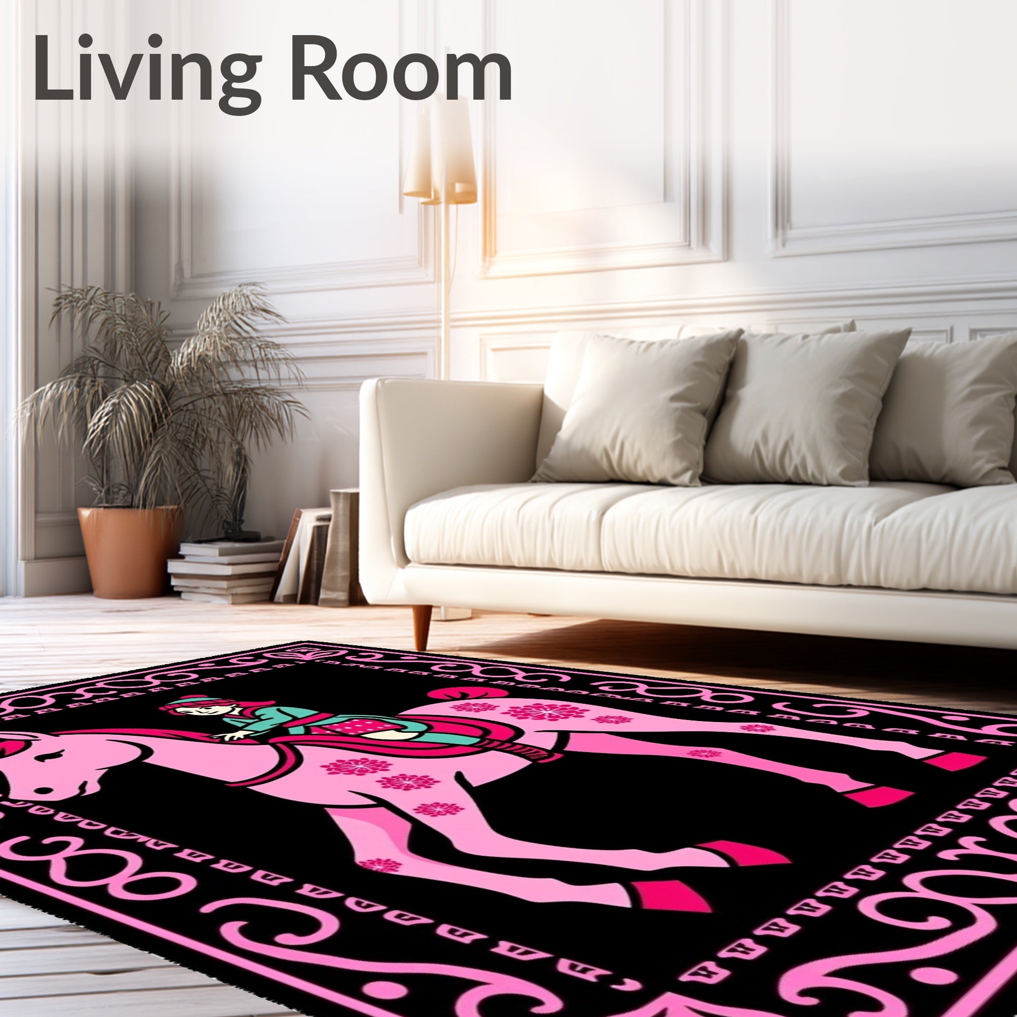 Pink Horse Rider Folk Art Rug