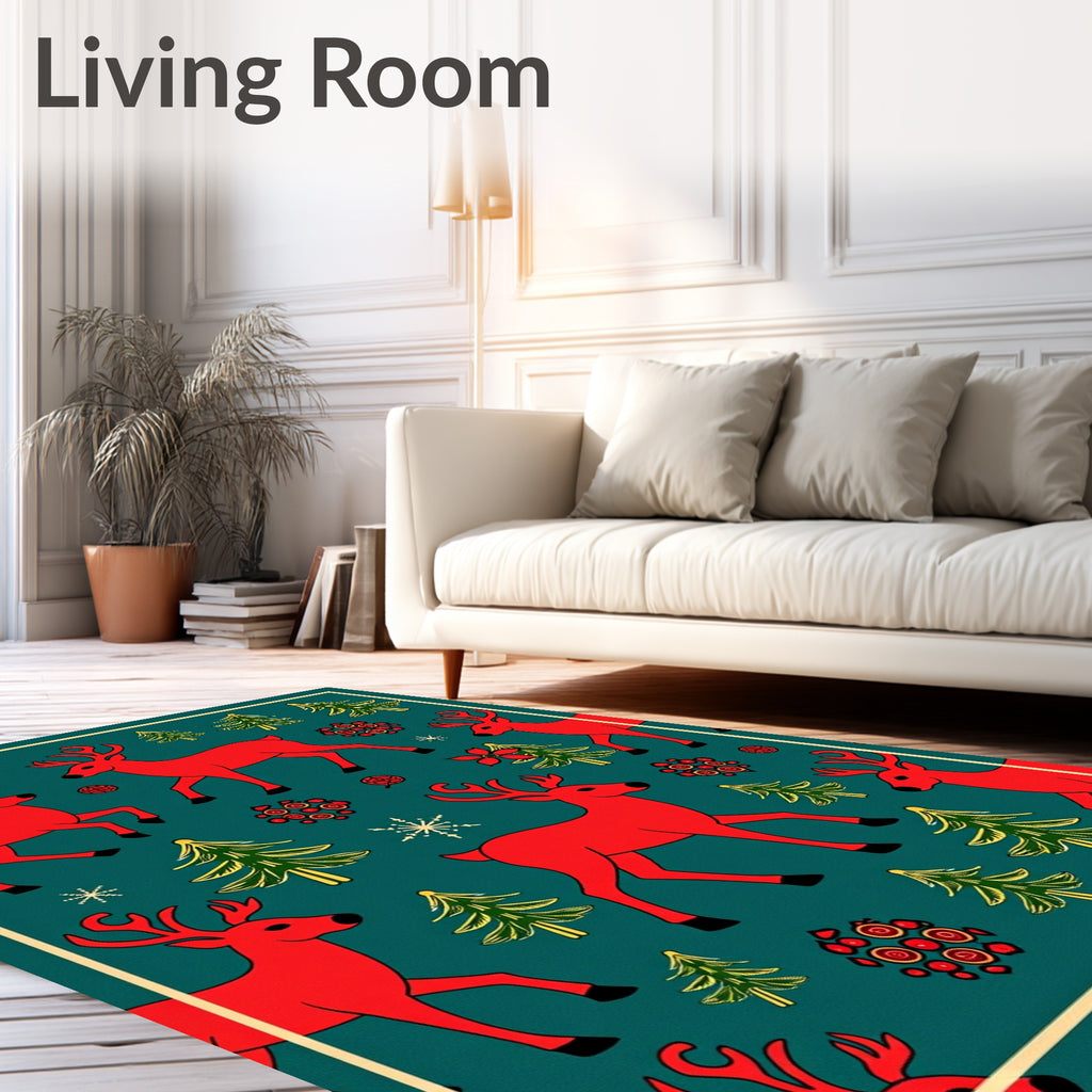 Red Reindeer Emerald Christmas Trees Snowflakes Rug
