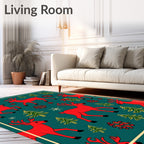 Red Reindeer Emerald Christmas Trees Snowflakes Rug
