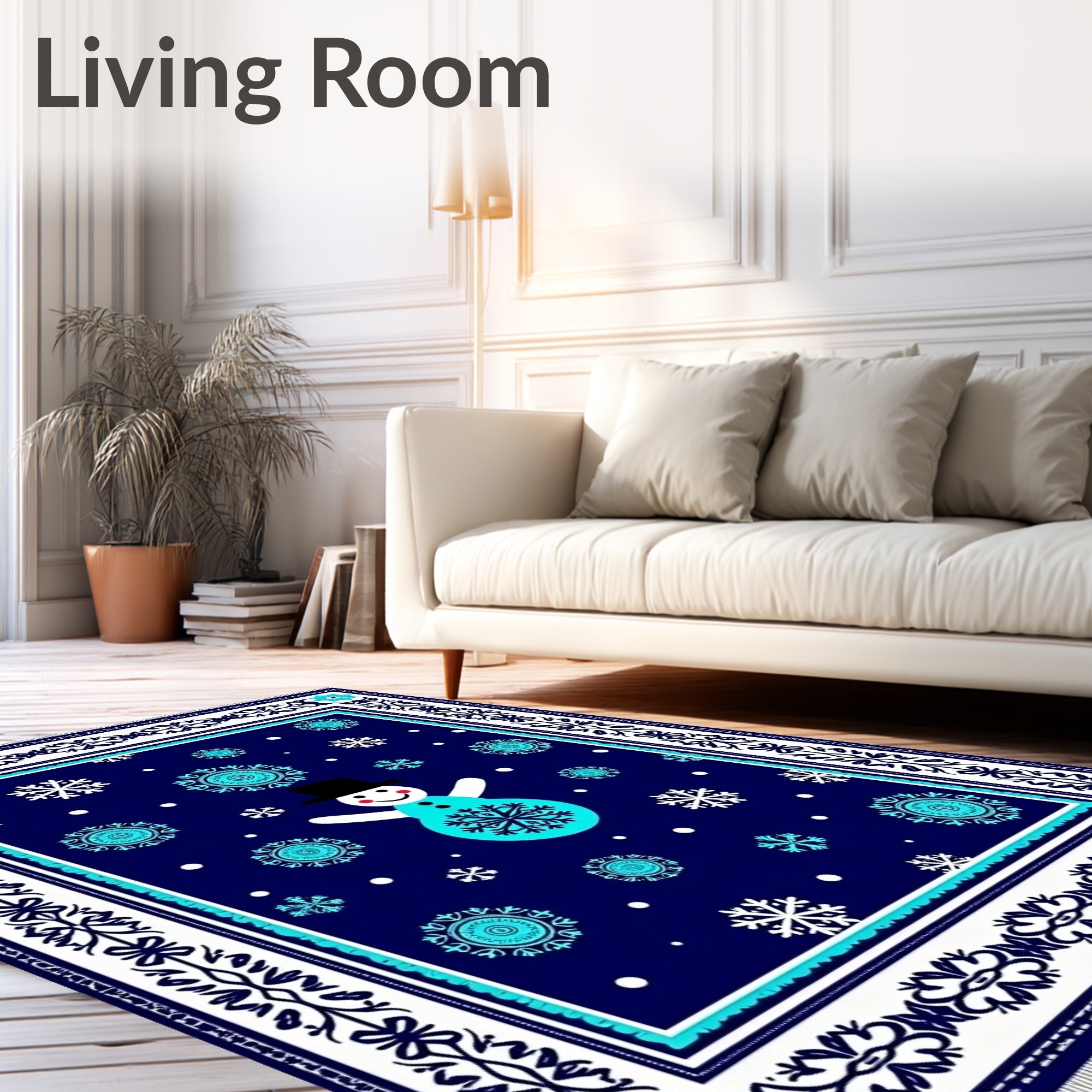 Snowman Snowflake Navy Blue Border Rug