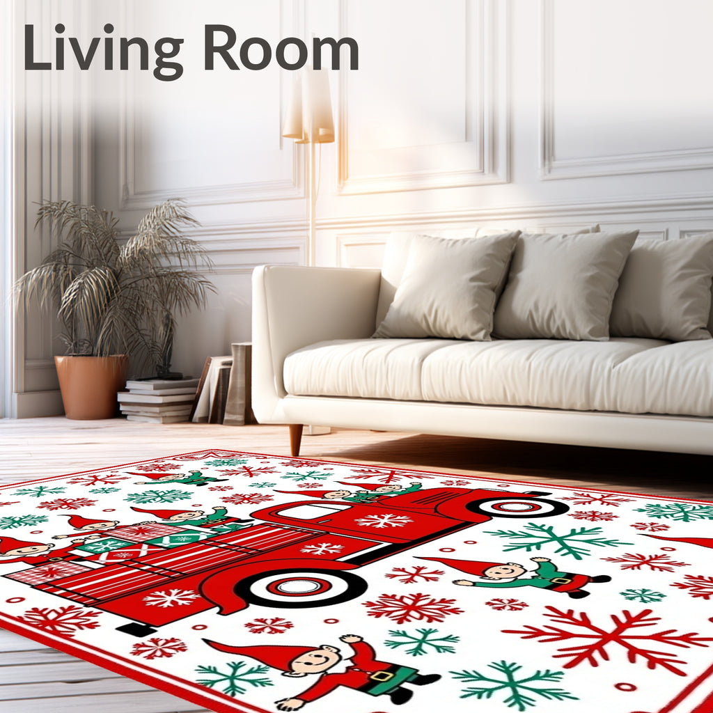 Red Truck Elves Snowflakes Christmas Rug