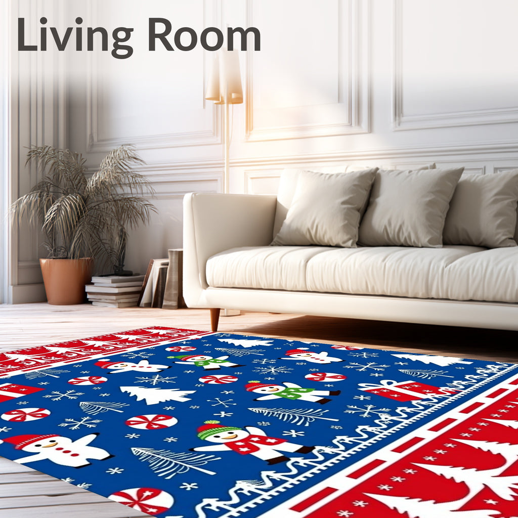 Festive Blue Snowman and Candy Cane Rug