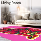 Vibrant Red Floral Cat Folk Art Rug