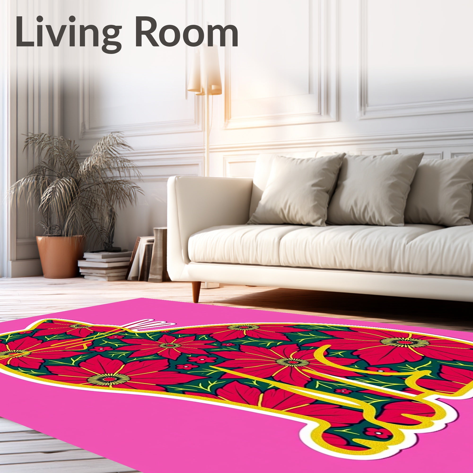 Vibrant Red Floral Cat Folk Art Rug